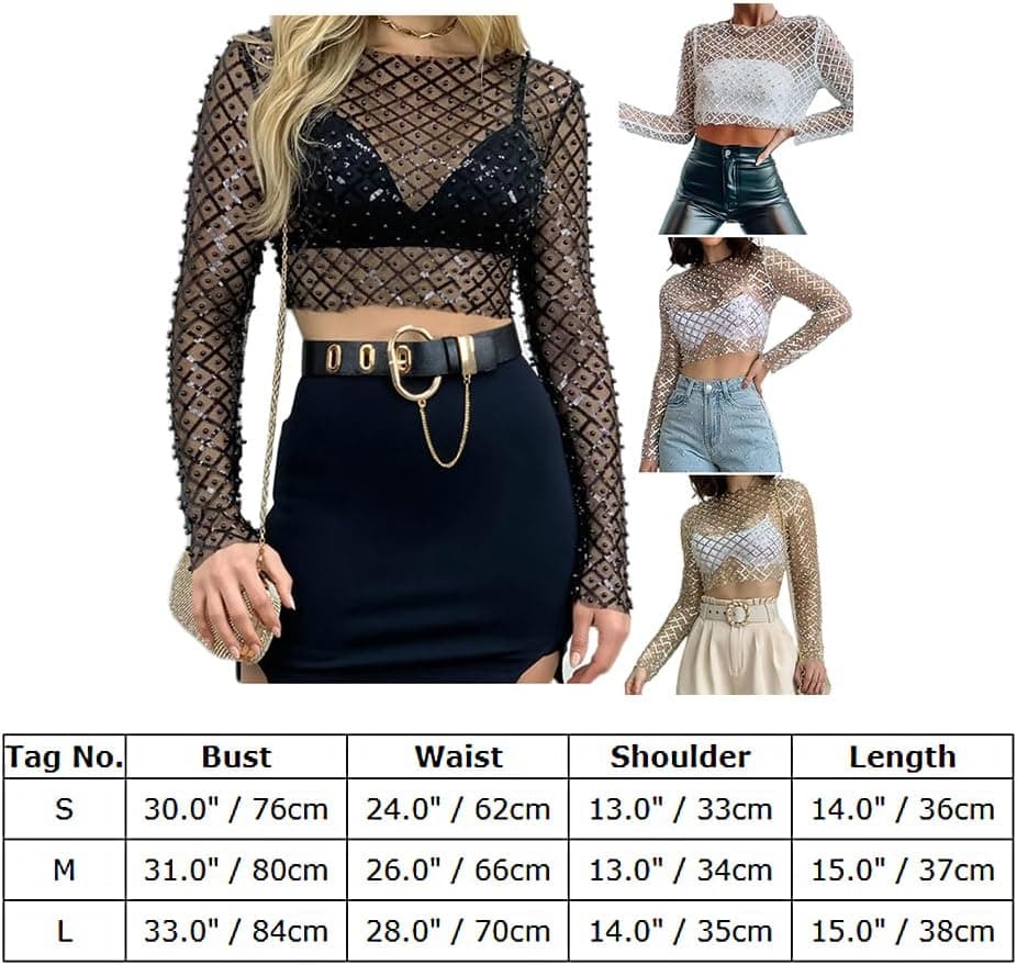 Sparkle Sequins Beads Sheer Mesh Crop Top Rave Outfit for Women Sexy Long Sleeve Pearls Fishnet Cover-up