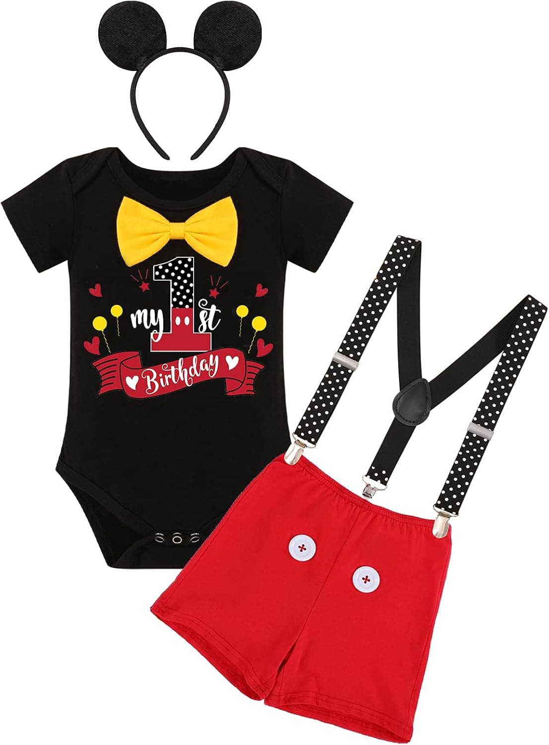 Baby Boys Cake Smash Outfit First 1st Birthday ONE Bloomers + Suspenders + Bowtie + Headband Photo Props Costume