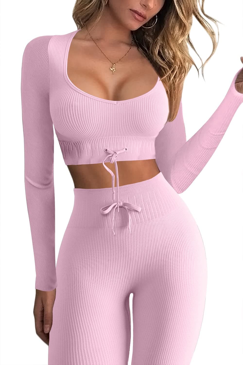QINSEN Women's Seamless Workout Set - Long Sleeve Crop Top and High Waist Leggings