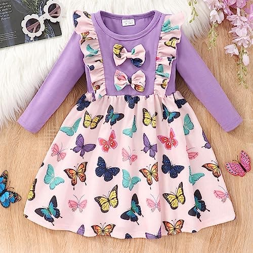 Retsugo Girls' Long Sleeve A-line Print Dress with Bowknot