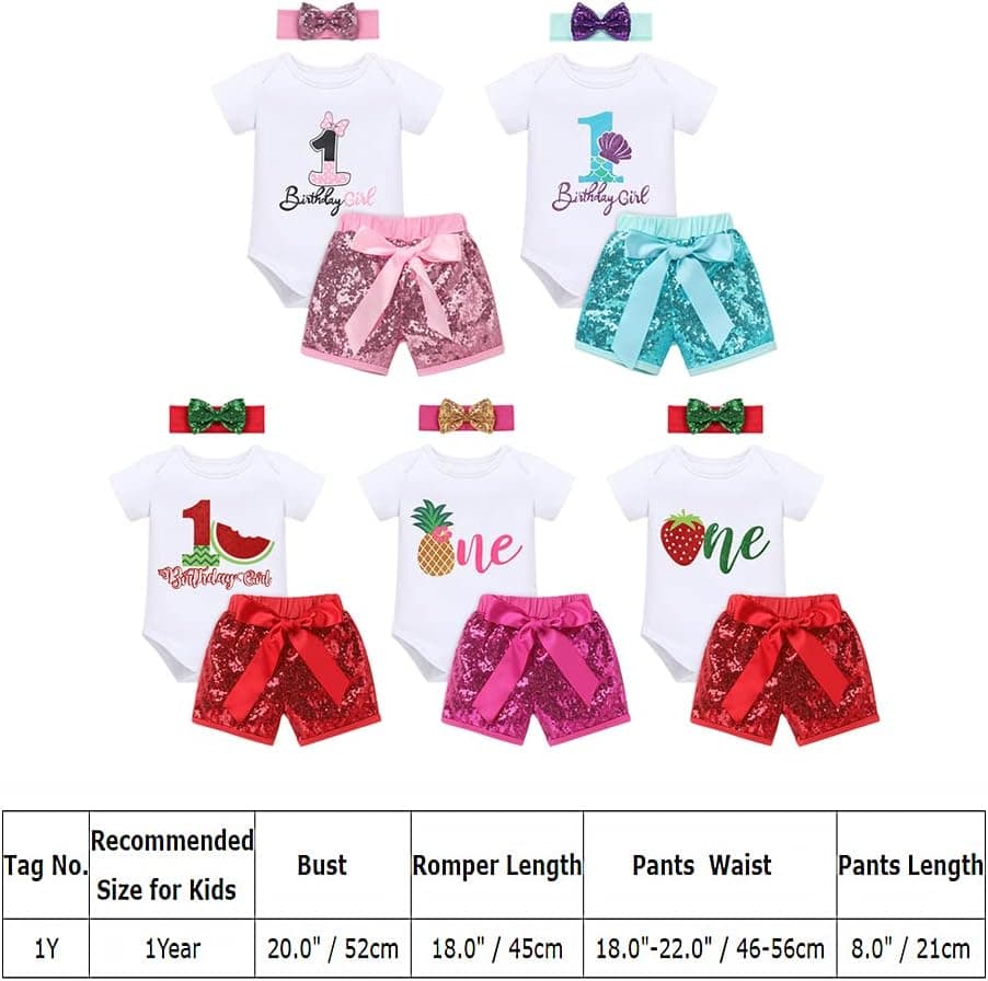 Toddler Baby Girls Melon Birthday Outfit Rainbow Romper Shirt + Shiny Shorts + Headband Kids Cake Smash Clothes 1-5T