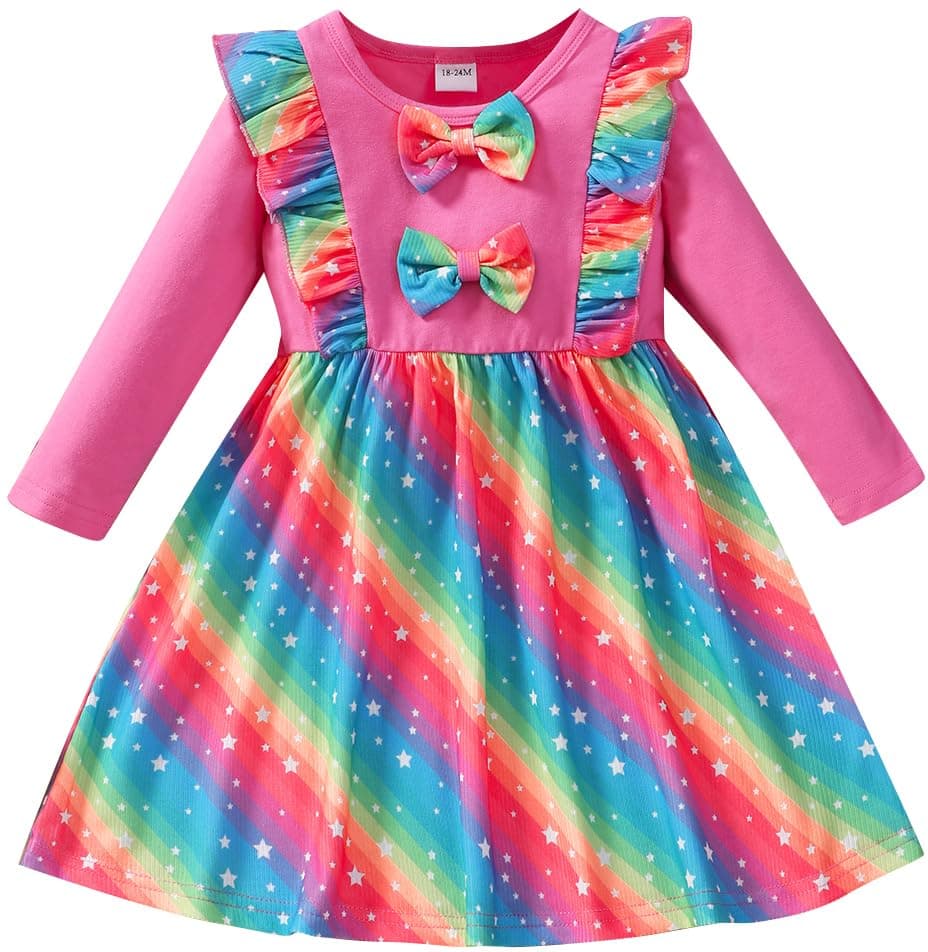 Retsugo Girls' Long Sleeve A-line Print Dress with Bowknot