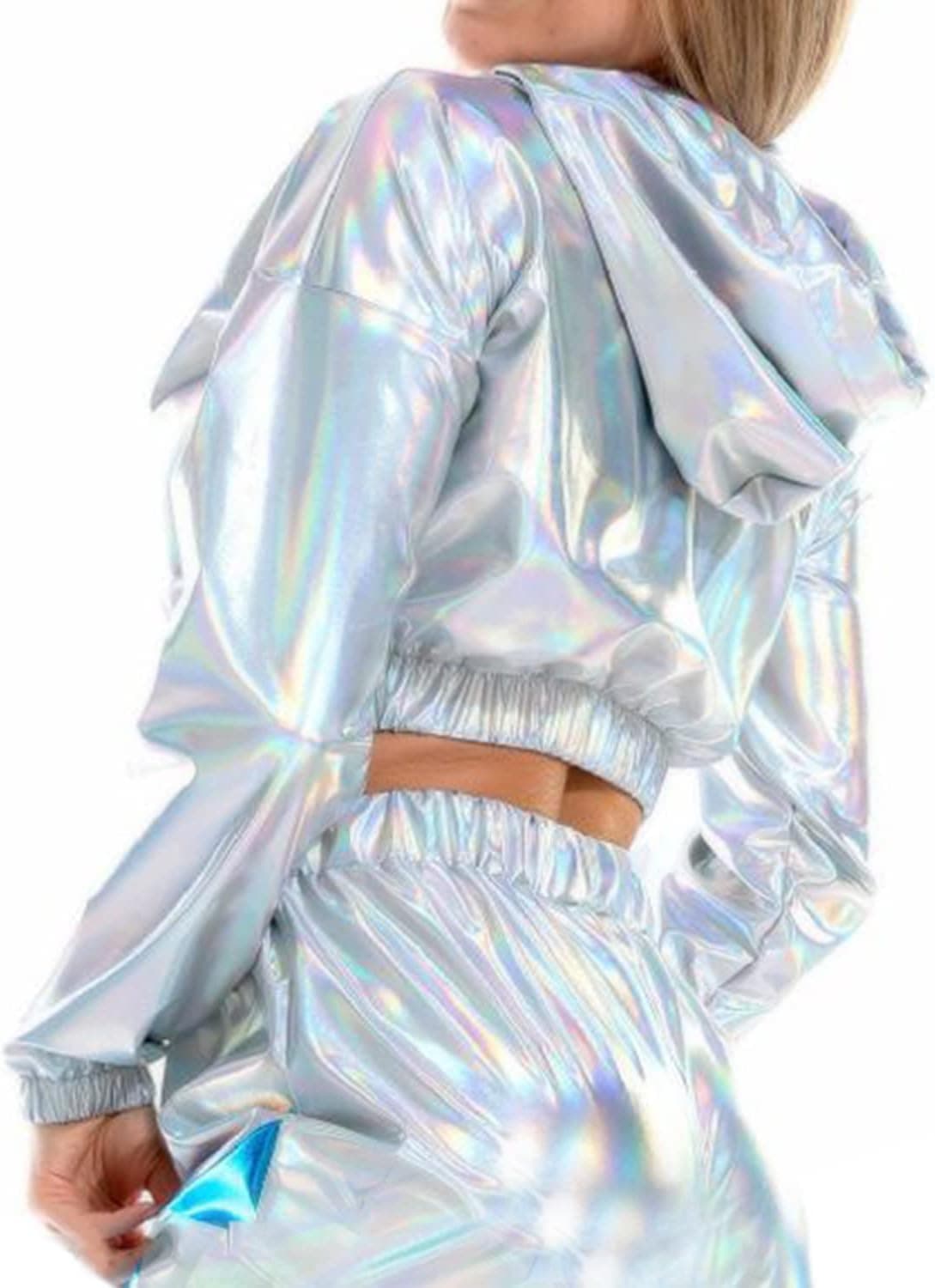 Women's Metallic Top Cropped Hoodie Rave Long Sleeve Shiny Pullover Sweatshirt