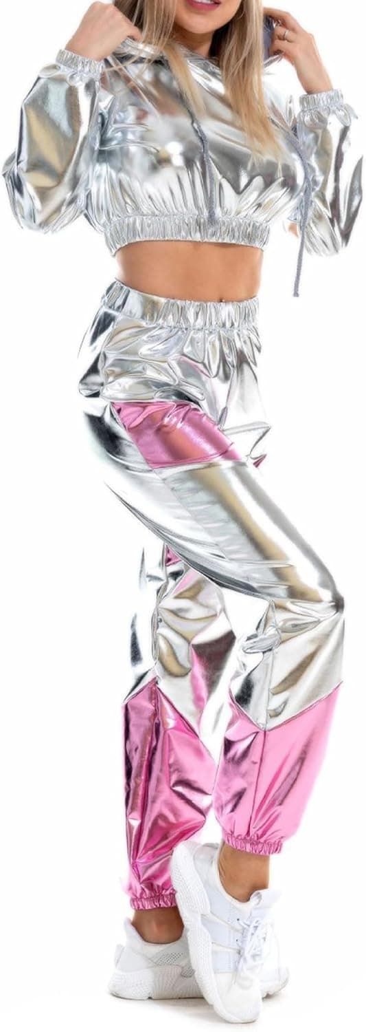 Women Shiny Holographic Rave Outfits Drawstring Long Sleeve Hoodie Crop Top Jogger Pants Set