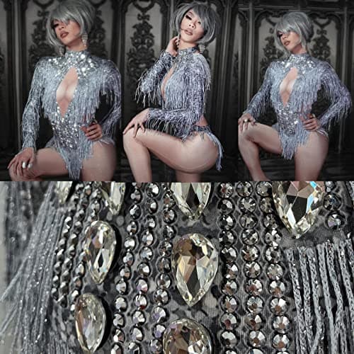 Sparkly Silver Rhinestone Fringe Crystal Bodysuit for Dance Bar Singers - Birthday Celebrate