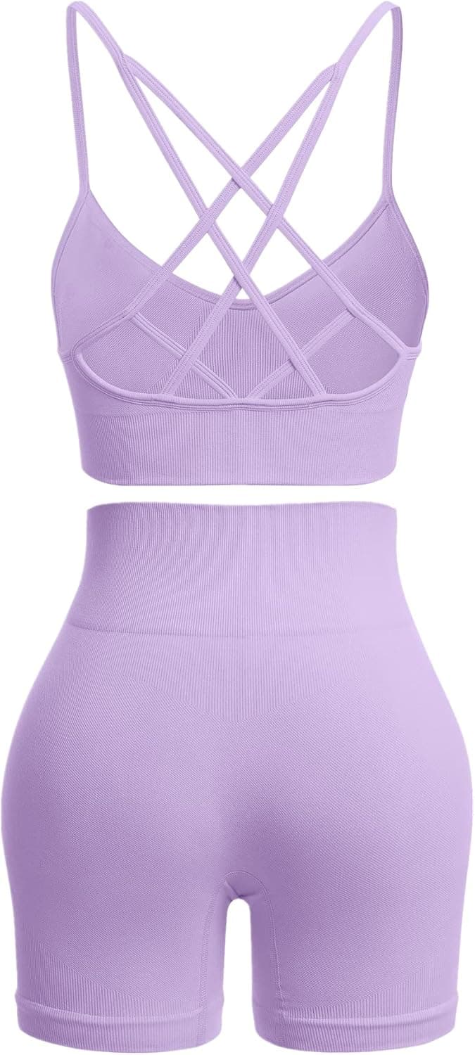 Seamless Workout Sets for Women Criss-Cross Back Strappy Sports Bras High Waist Biker Shorts 2 Piece Gym Yoga Outfits