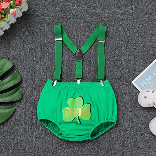 Baby Boy St. Patrick's Day Green Romper with Suspender Shorts and Crown Hat