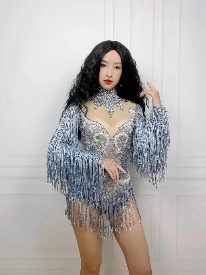 Earthradius Gray Tassel Crystal Women's Dancer Bodysuit Party Costume