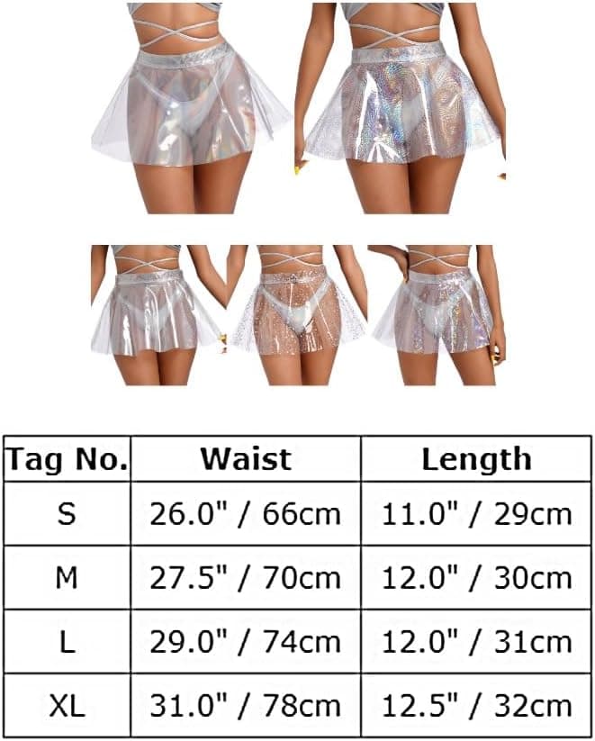 Women Rave Skirt Flared Pleated Skirts Shiny See Through Mini Skirt High Waist Clubwear Music Festivals Clothes