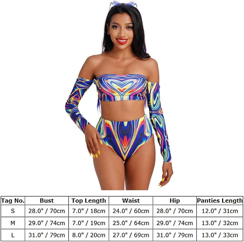 Women Rave Outfit Vintage Bikini Set Rainbow Bra Top with Bottom Summer Beach Holiday Swimwear Bathing Suits