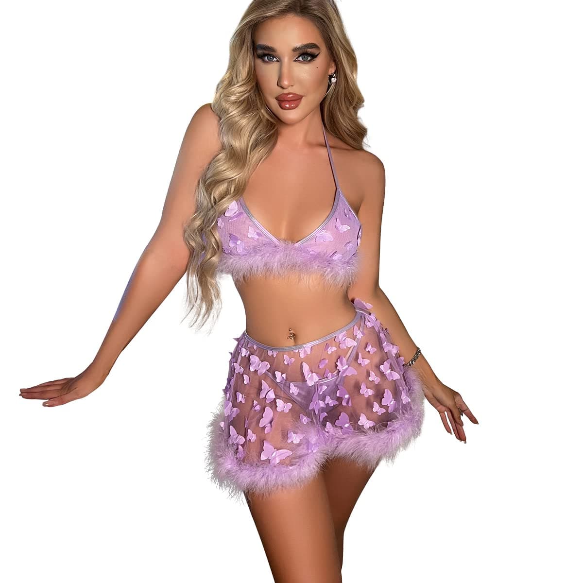 IMEKIS Women's Butterfly Rave Skirt & Fur Bra Halloween Cosplay Costume