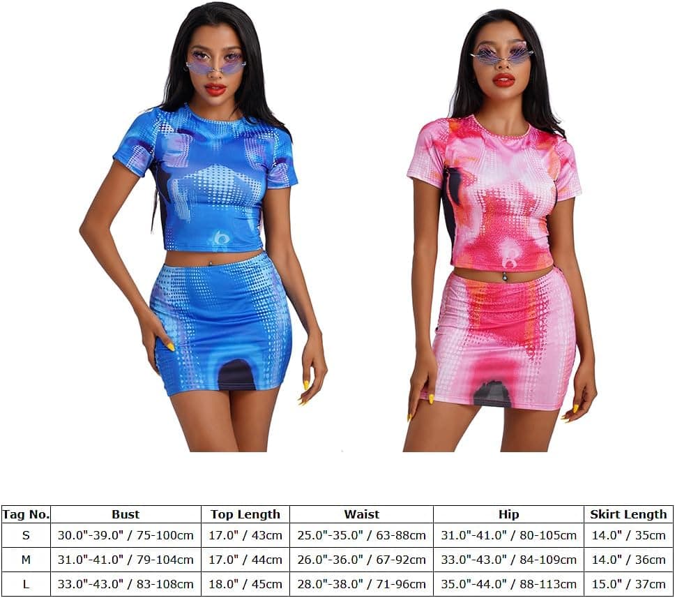 Women Rave Outfit Rainbow Tie Dye Print Crop To with Bodycon Mini Skirt Music Festival Holiday Streetwear