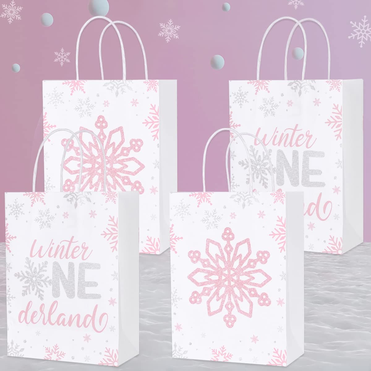 Fangleland Pink Silver Snowflake Birthday Party Bags 16pcs Winter Treats