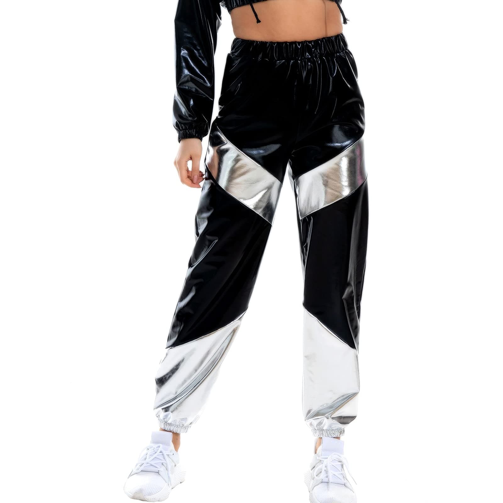 IMEKIS Women's High Waist Metallic Rave Jogger Pants Hip Hop Streetwear