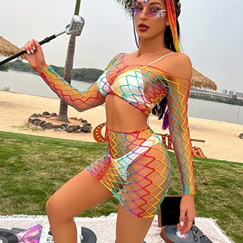 IMEKIS Women Rainbow Rave Outfit Fishnet Dress Bodysuit