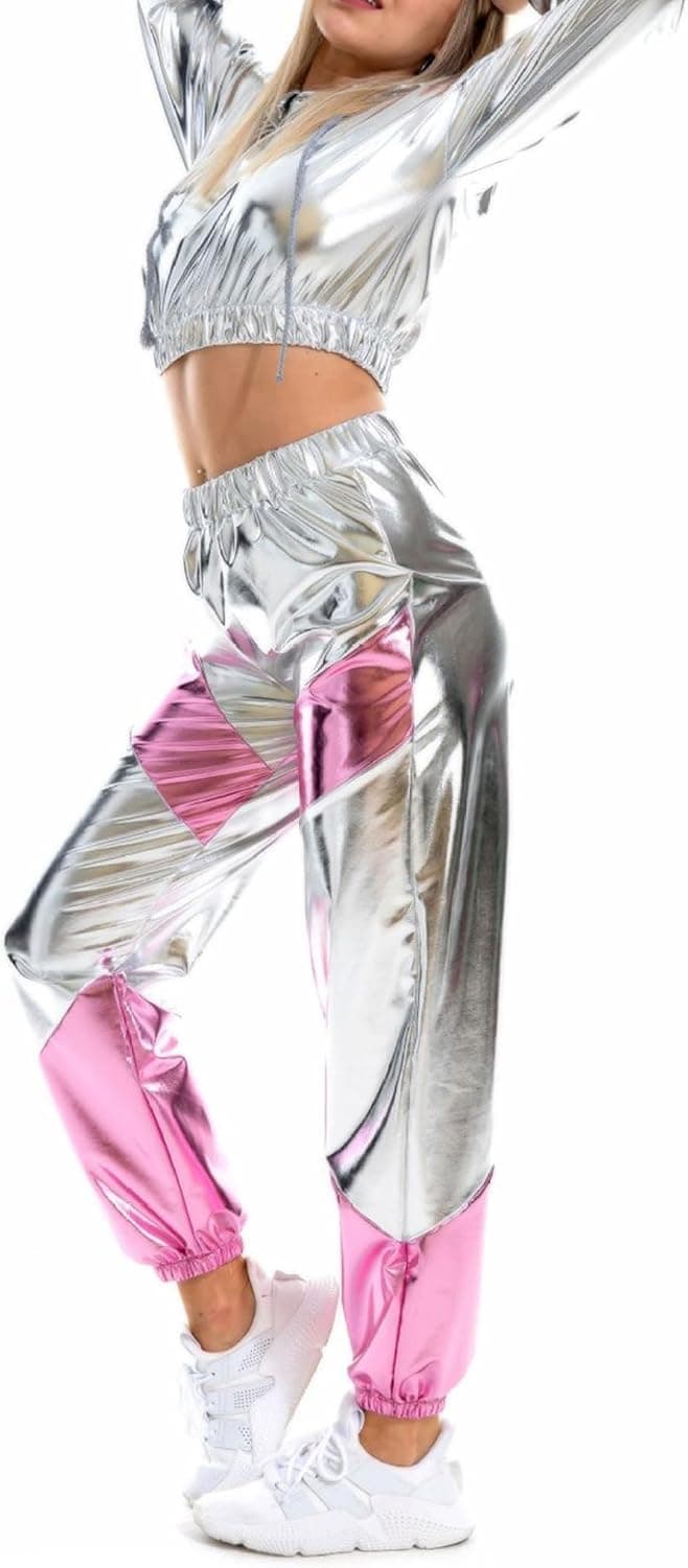 Women Shiny Holographic Rave Outfits Drawstring Long Sleeve Hoodie Crop Top Jogger Pants Set