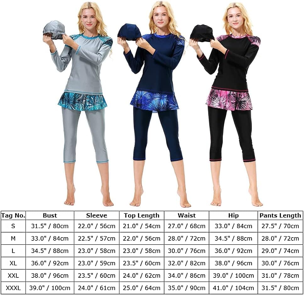 Women Burkini Swimsuits Modest Muslim Swimwear Islamic Long Sleeve Full Cover Hijab Top Skirted Swim Capris ​Pants Set