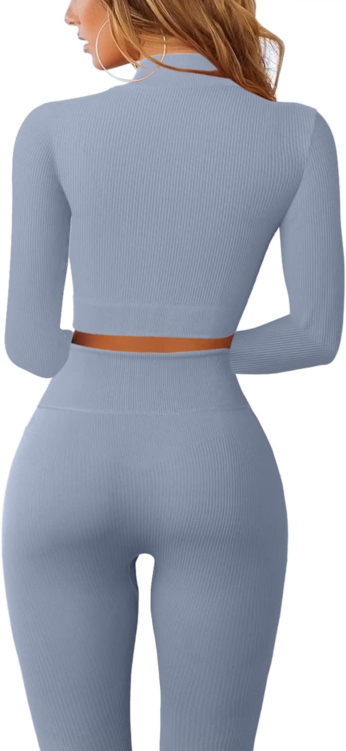 Workout Sets for Women 2 Piece Seamless Long Sleeve Crop Tops Ribbed High Waist Leggings