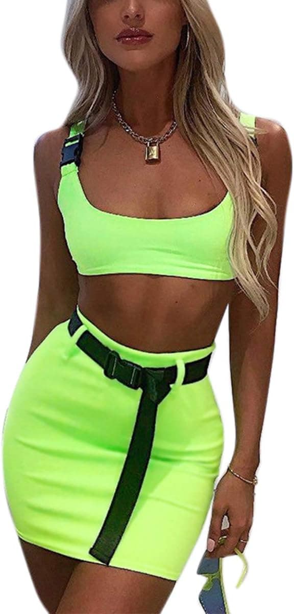 Women Sexy Buckle Tank Crop Tops Mini Skirt Set 2 Piece Rave Outfit Party Clubwear Bodycon