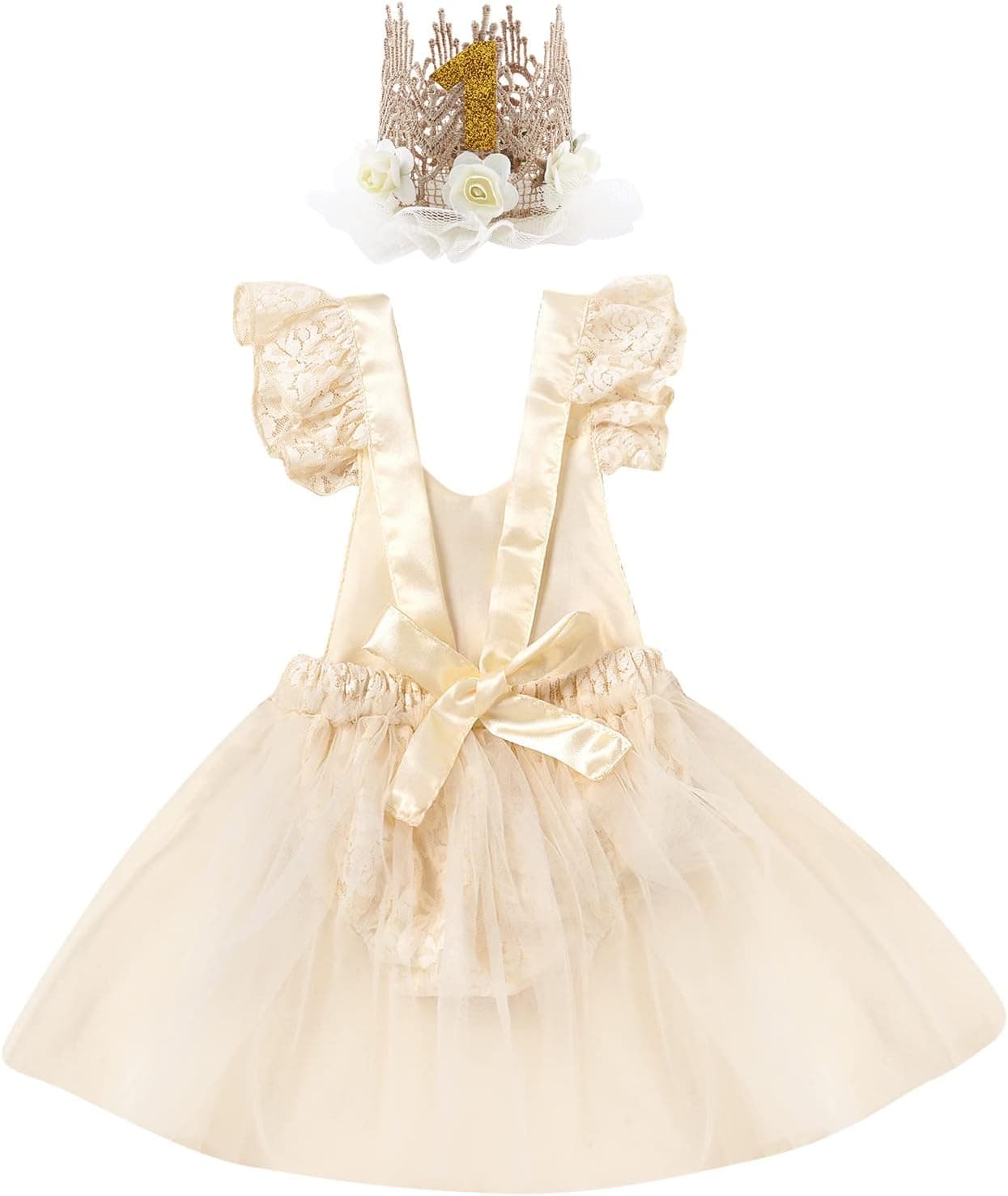 Baby Girls 1st Birthday Outfit Lace Romper Princess Tutu Dress Headband Cake Smash Clothes for Photo Shoot 2Pcs Sets