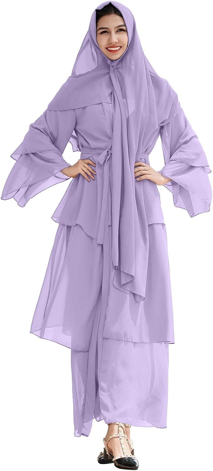 Women Muslim Chiffon Abaya Modest Open Front Cardigan Dress with Hijab Middle East Arabian Robe Islamic Dubai Outfit