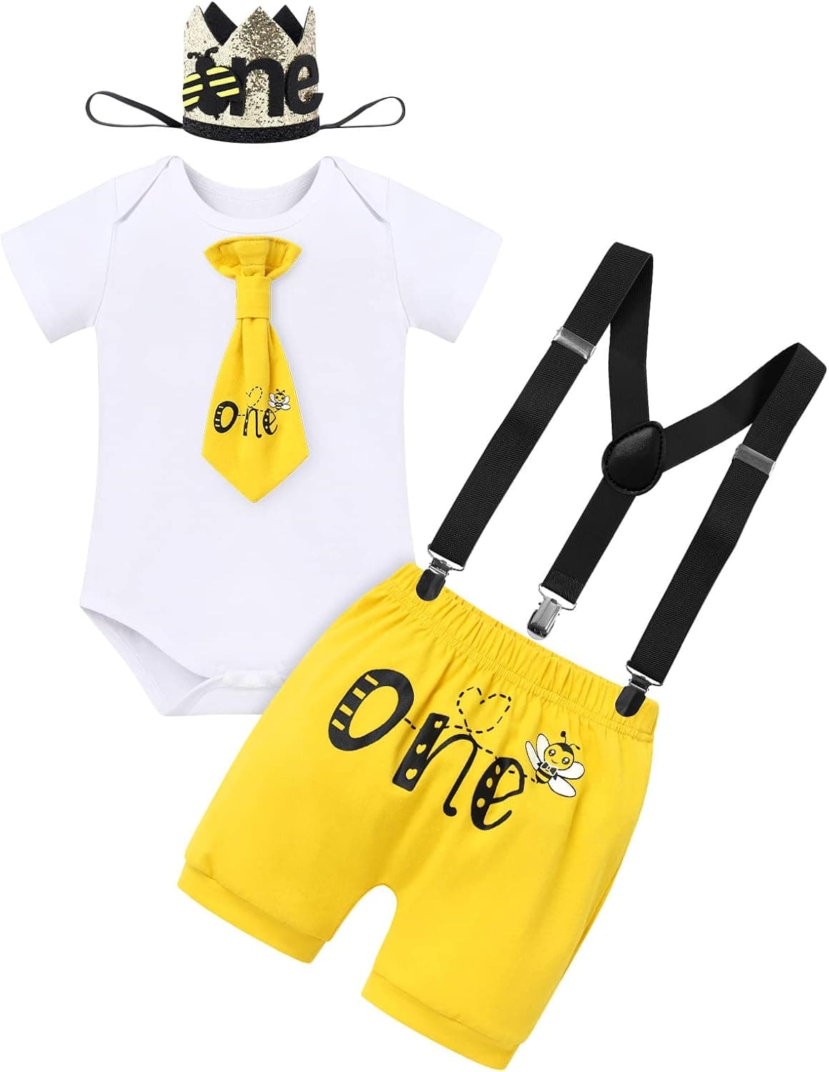 Baby Boys Bee 1st Birthday Outfit Cake Smash Romper Necktie + Shorts Pants + Crown Headband Clothes Set Photo Shoot