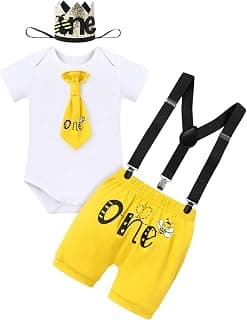 Baby Boys Bee 1st Birthday Outfit Cake Smash Romper Necktie + Shorts Pants + Crown Headband Clothes Set Photo Shoot