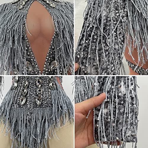 Sparkly Silver Rhinestone Fringe Crystal Bodysuit for Dance Bar Singers - Birthday Celebrate