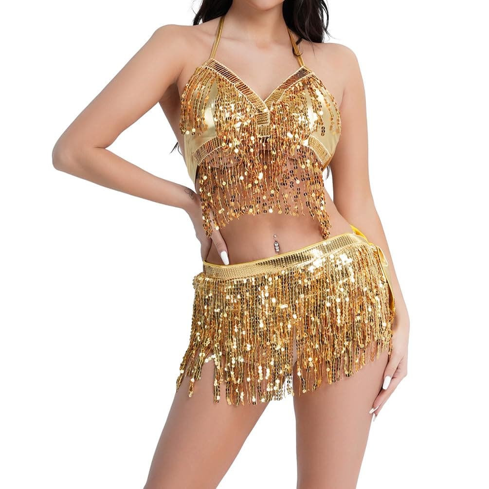 IMEKIS Metallic Rave Outfit for Women - Crop Top and Fringe Skirt Alien Costume
