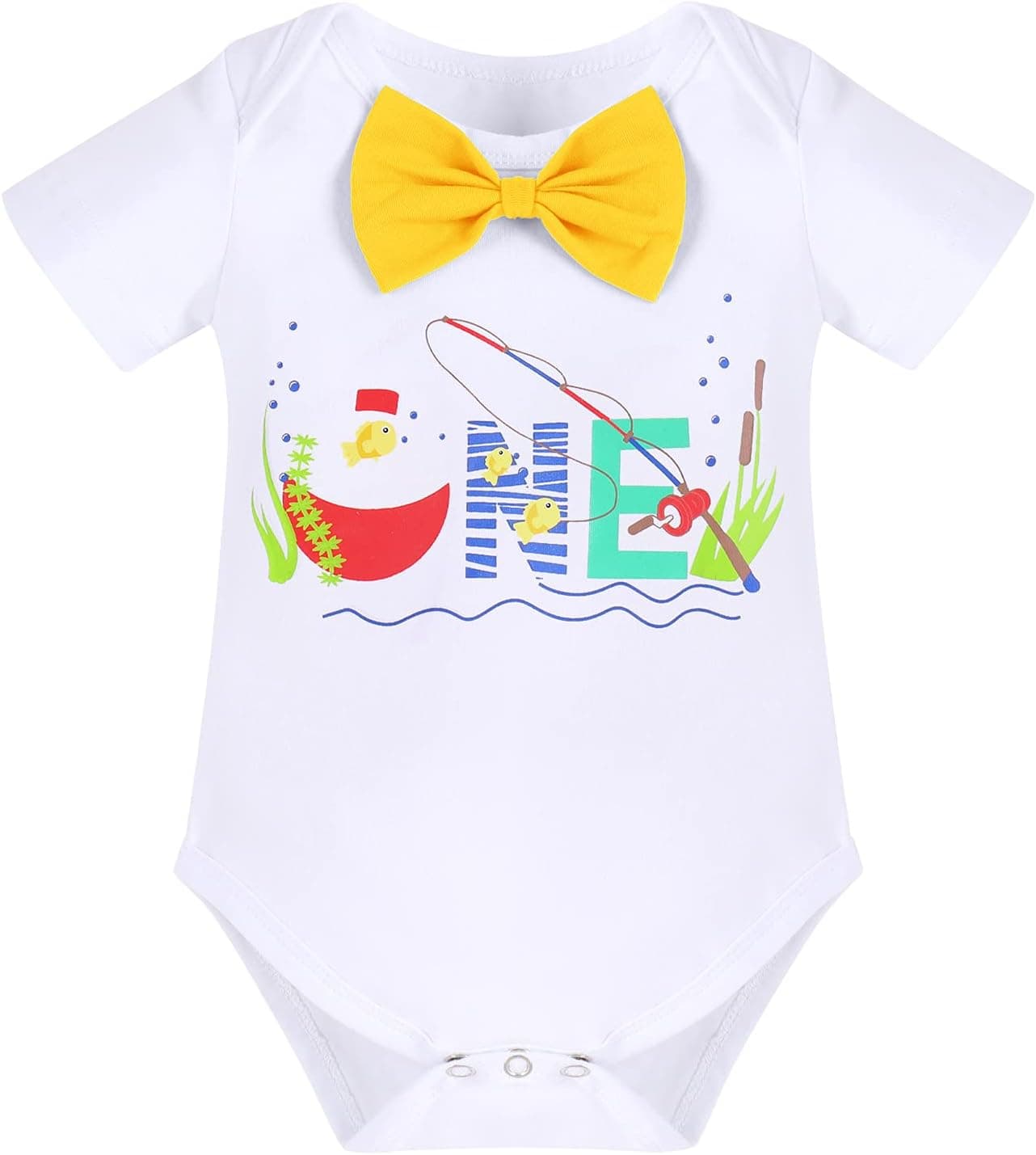Baby Boys Fishing 1st Birthday Outfit Cake Smash Bowtie Romper + Shorts + Suspenders + Hat Clothes Set for Photo Shoot