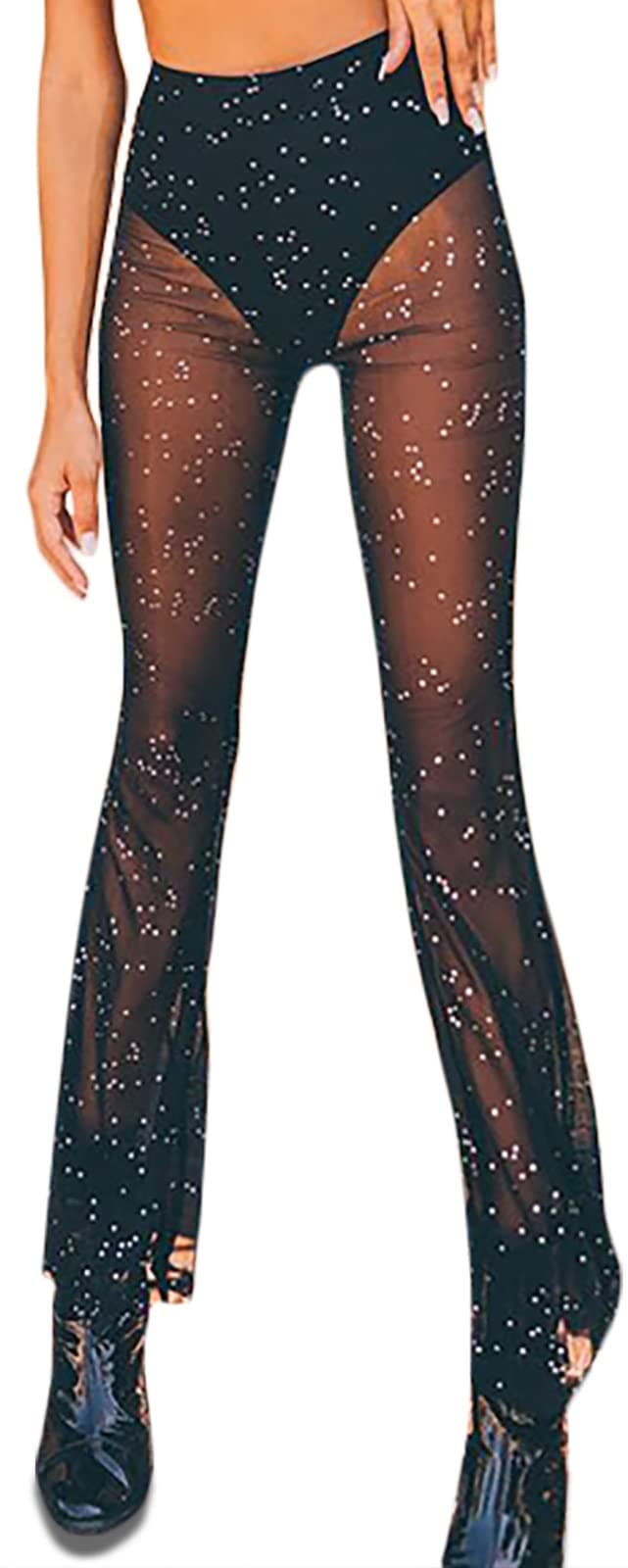 DZOVUTTZ Women's Festival Dance Outfit Bell Bottom Mesh Pants