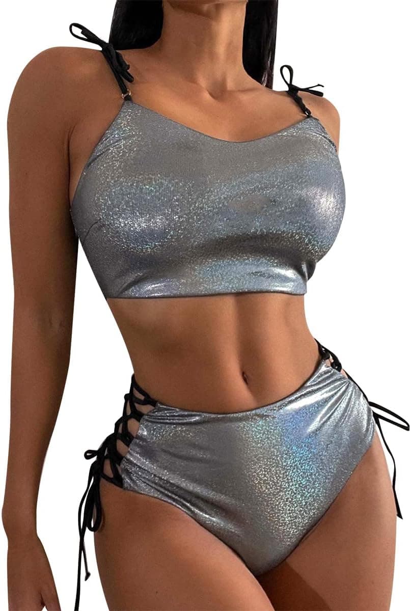 Women Metallic Rave Outfit Shiny Crop Top with Bottoms Bikini Music Festivals Halloween Cosplay Alien Costume