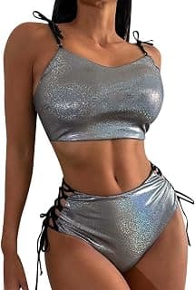 Women Metallic Rave Outfit Shiny Crop Top with Bottoms Bikini Music Festivals Halloween Cosplay Alien Costume