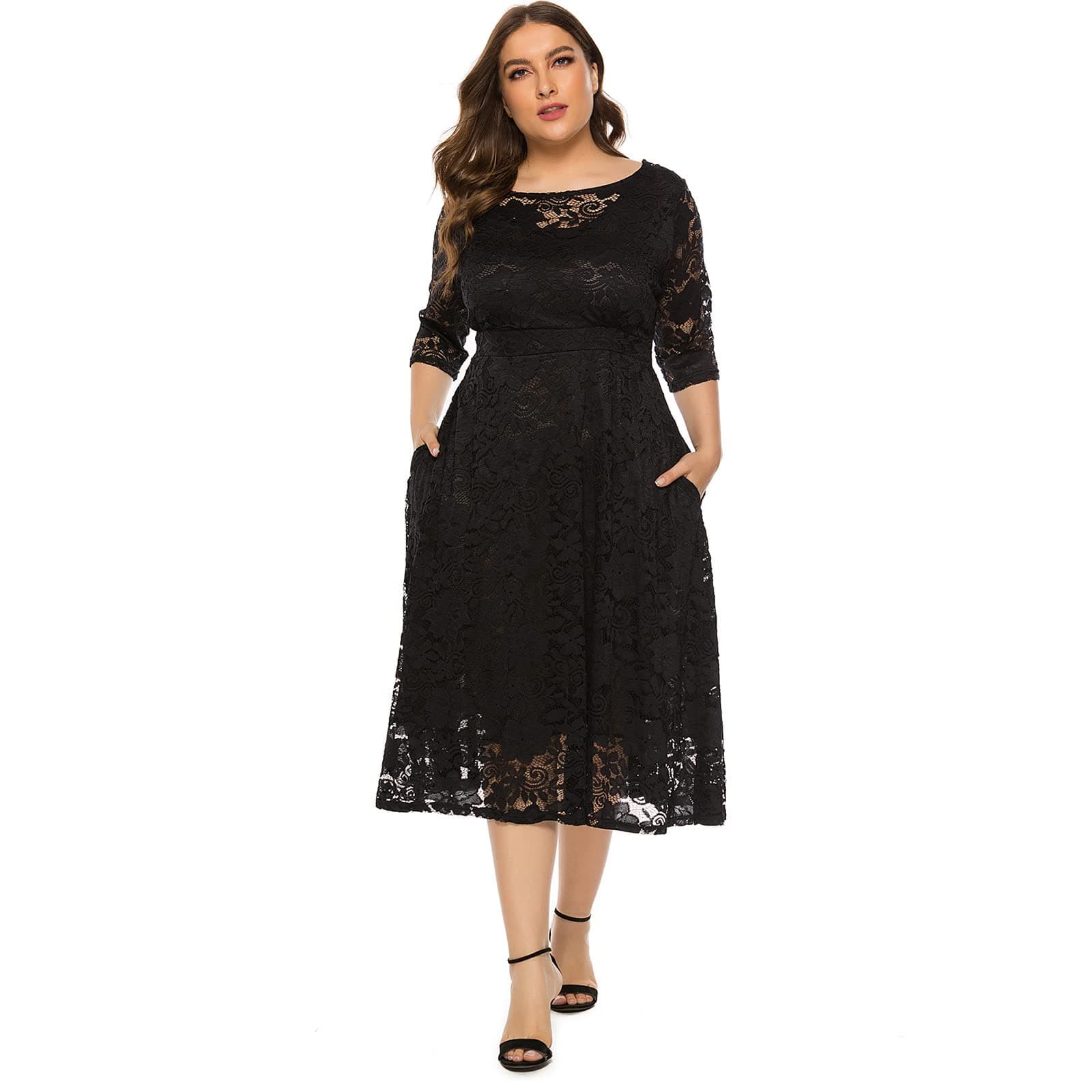 Plus Size Floral Lace Cocktail Dress with Pockets for Women