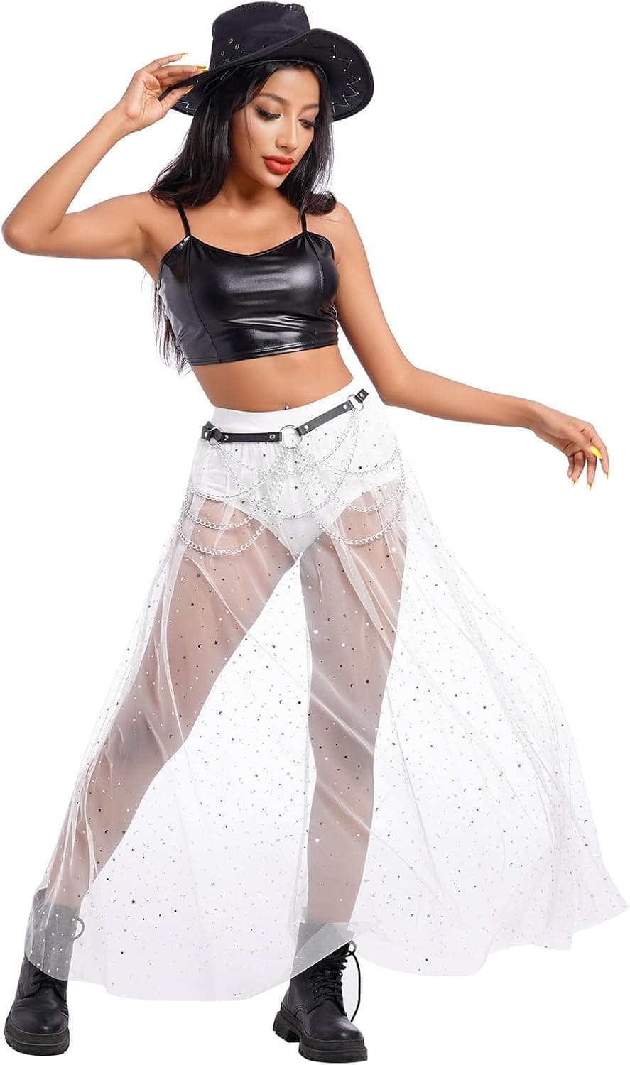 Women Shiny Stars Rave Skirt Flowy Mesh Tulle Maxi Skirts with Booty Bottoms Music Festival Clothes Halloween Costume
