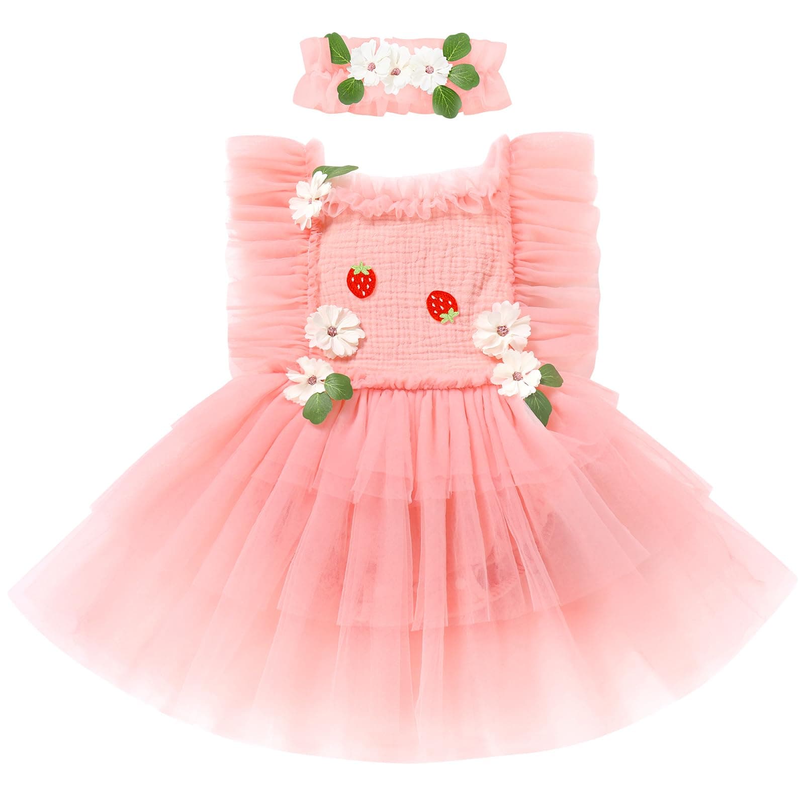 IMEKIS Baby Girls 1st Birthday Bee Floral Strawberry Dress Romper with Headband