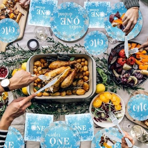 Onederland Blue Snowflake Plates & Napkins for Boy's 1st Birthday