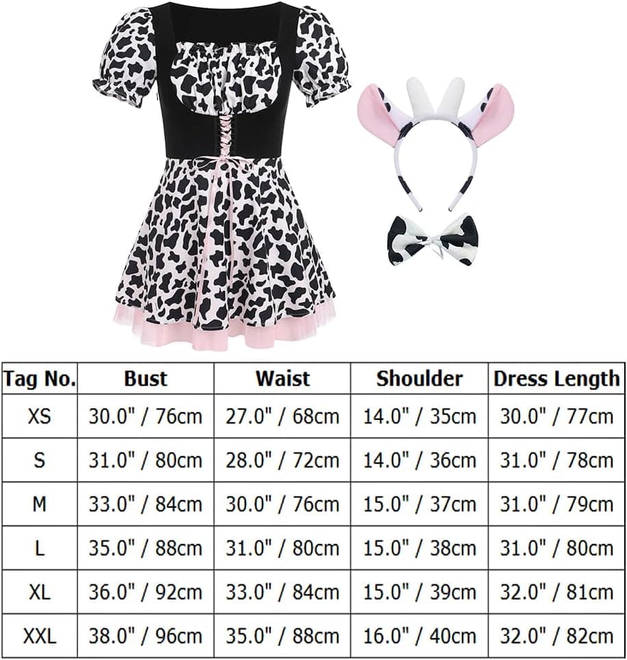 Women Cow Halloween Costume Cow Print Dress + Headband + Bowtie Anime Animals Cosplay Outfit 3 Piece Set