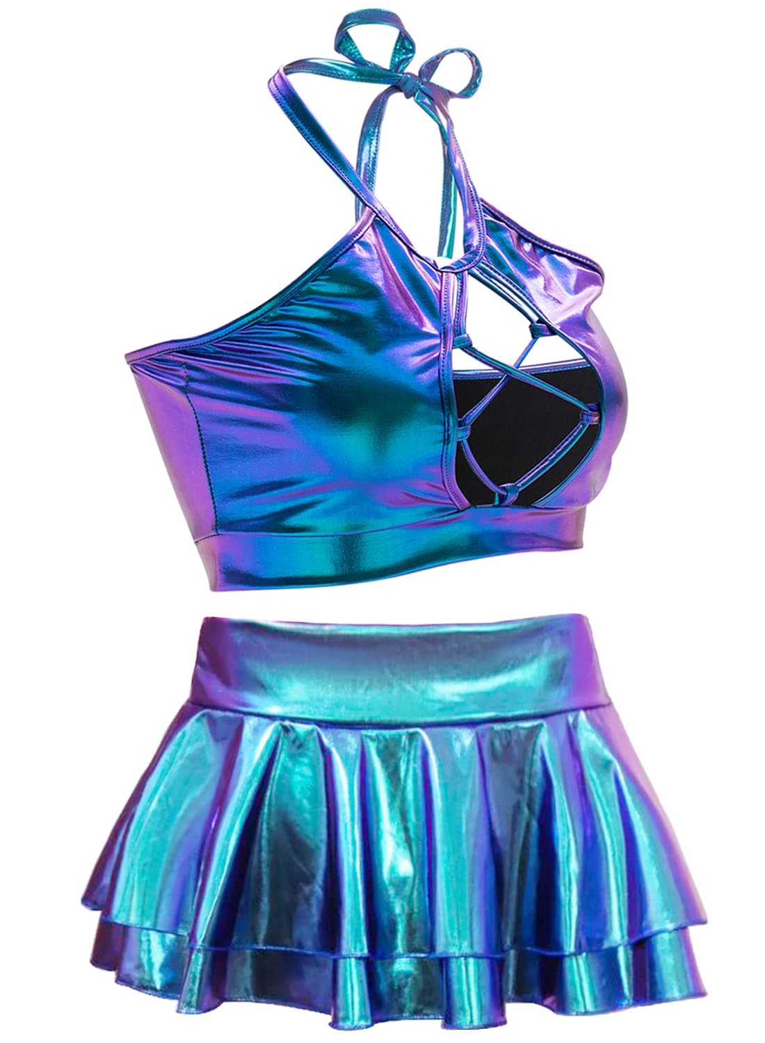 SFBBCLOZ Women's Festival Holographic Rave Outfit 2pcs Tops & Skirt