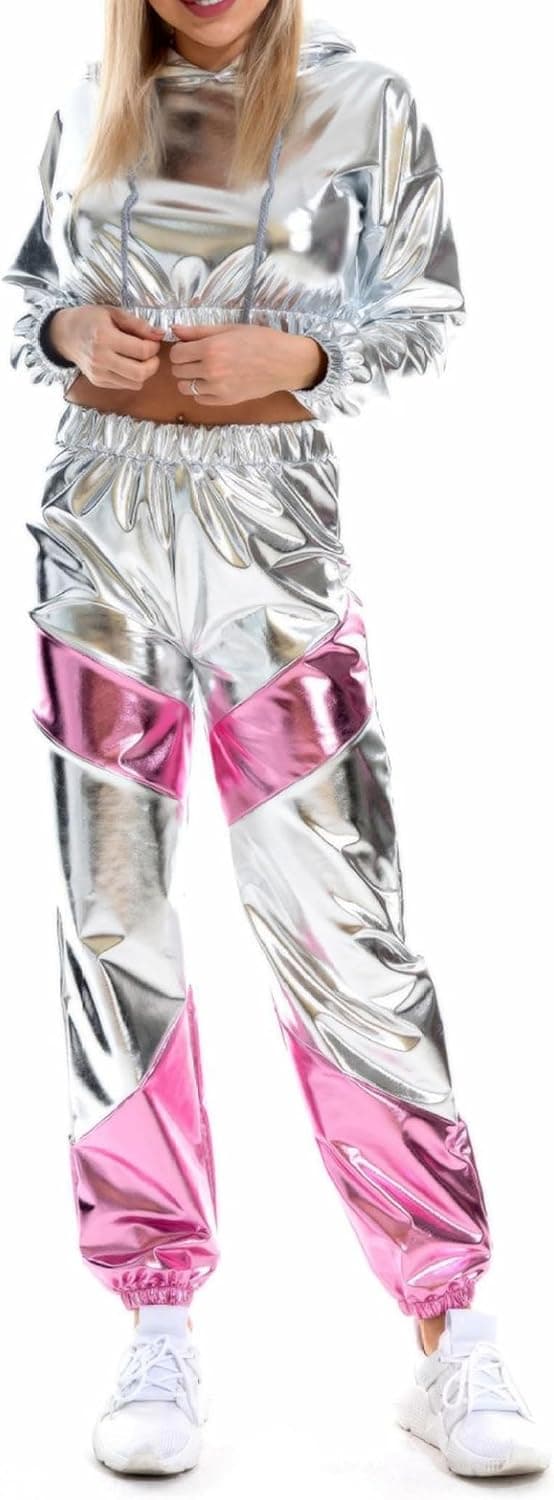 Women Shiny Holographic Rave Outfits Drawstring Long Sleeve Hoodie Crop Top Jogger Pants Set