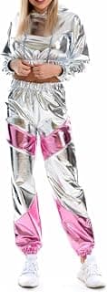 Women Shiny Holographic Rave Outfits Drawstring Long Sleeve Hoodie Crop Top Jogger Pants Set