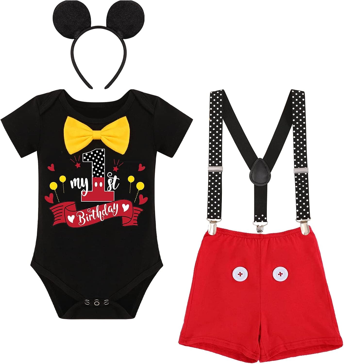 Baby Boys Cake Smash Outfit First 1st Birthday ONE Bloomers + Suspenders + Bowtie + Headband Photo Props Costume