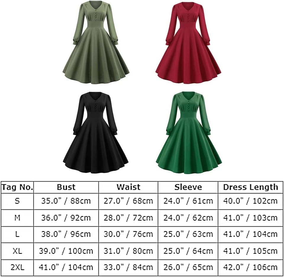 Retro 1950s Cocktail Dress for Women Vintage Long Puff Sleeve V Neck A Line Wedding Guest Dress
