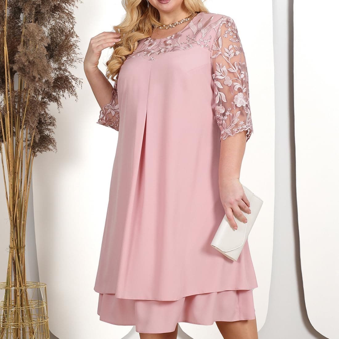 Women Plus Size Half Sleeve Floral Mesh Sleeve Wedding Guest Dress O Neck Embroidered Cocktail Chiffon Midi Dress