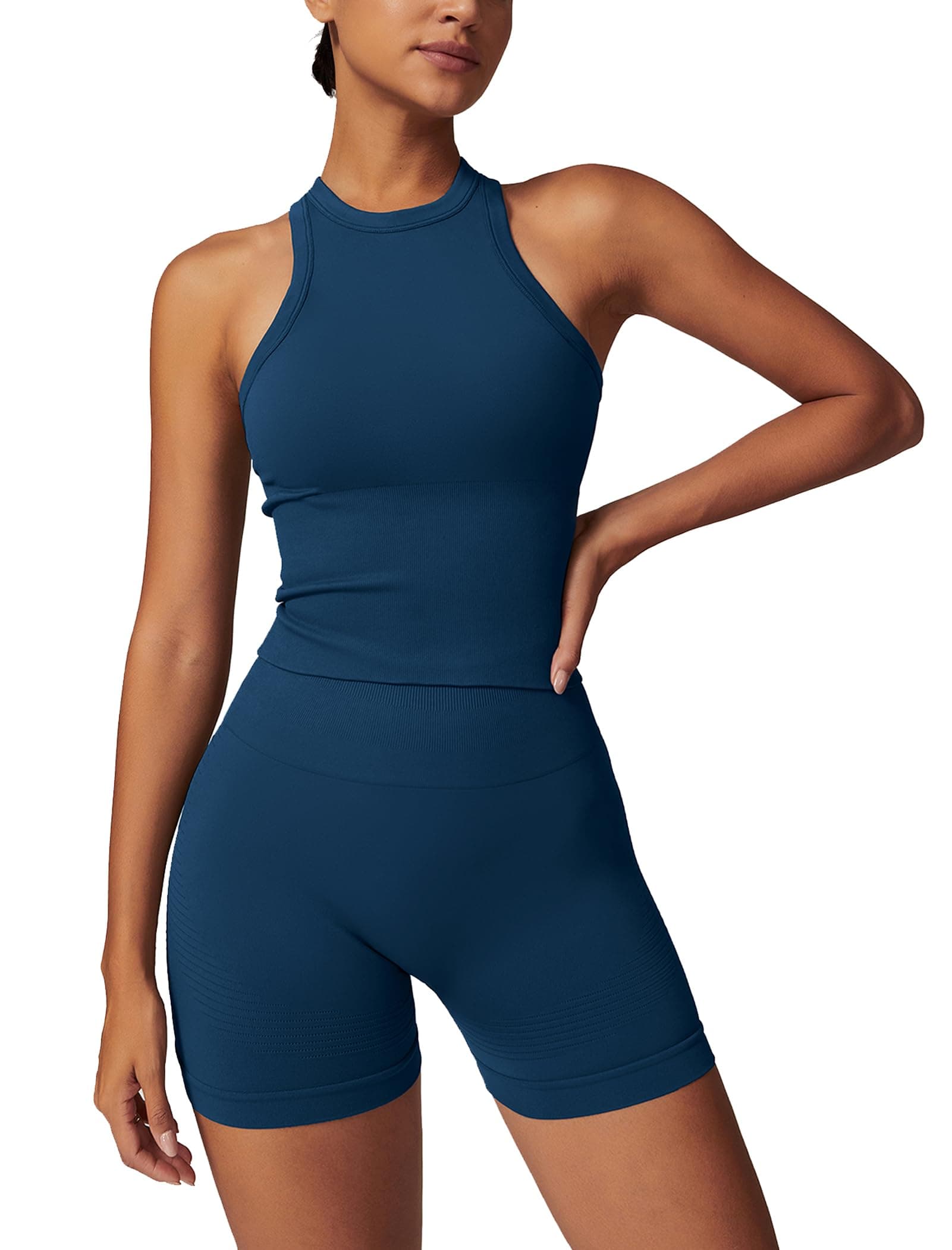 Womens Racer-Back Tank Top & High Waist Biker Shorts Gym Outfits