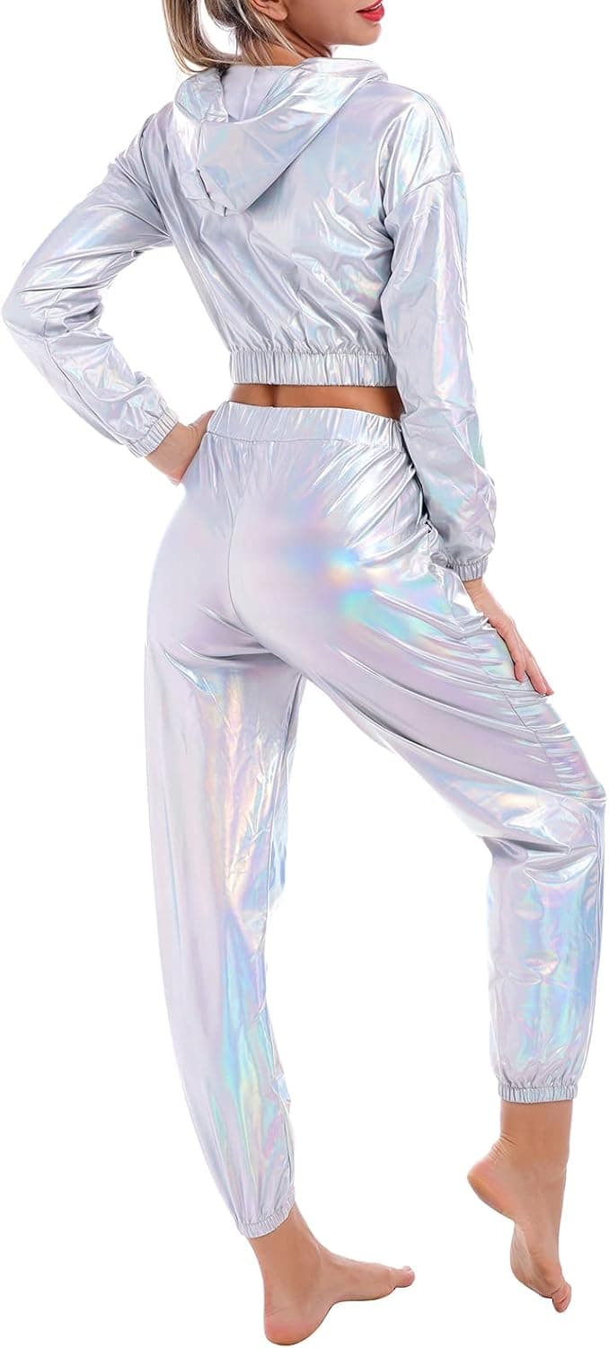 Women's Rave Outfit Shiny Crop Top Hoodie Metallic Casual Long Pants Hooded Workout Sweatshirt Disco Dance Clubwear