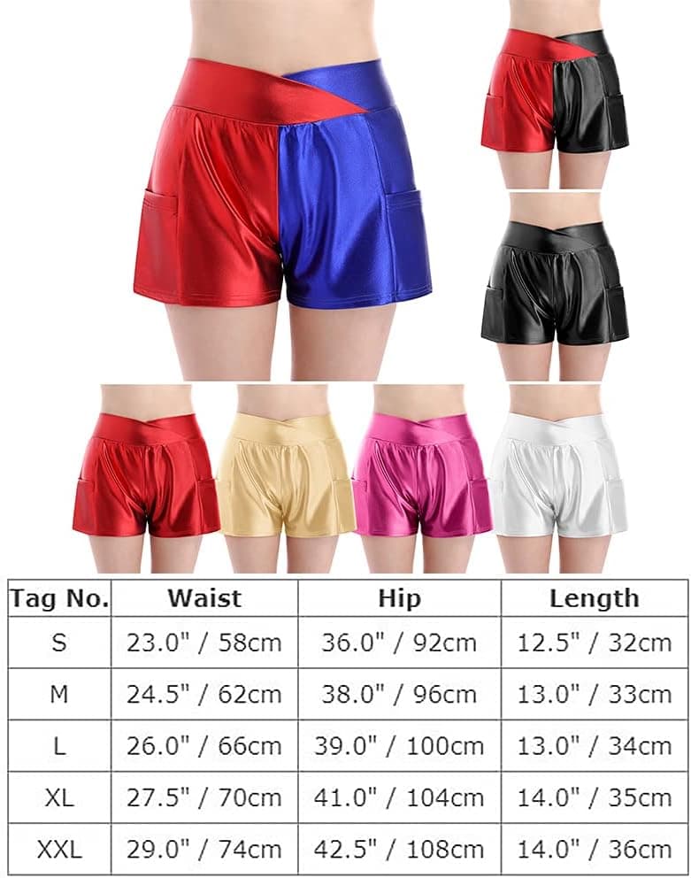 Women's Metallic Rave Shorts Shiny Hot Pants Color Block Disco Dance Bottoms Halloween Cosplay Clubwear Costumes