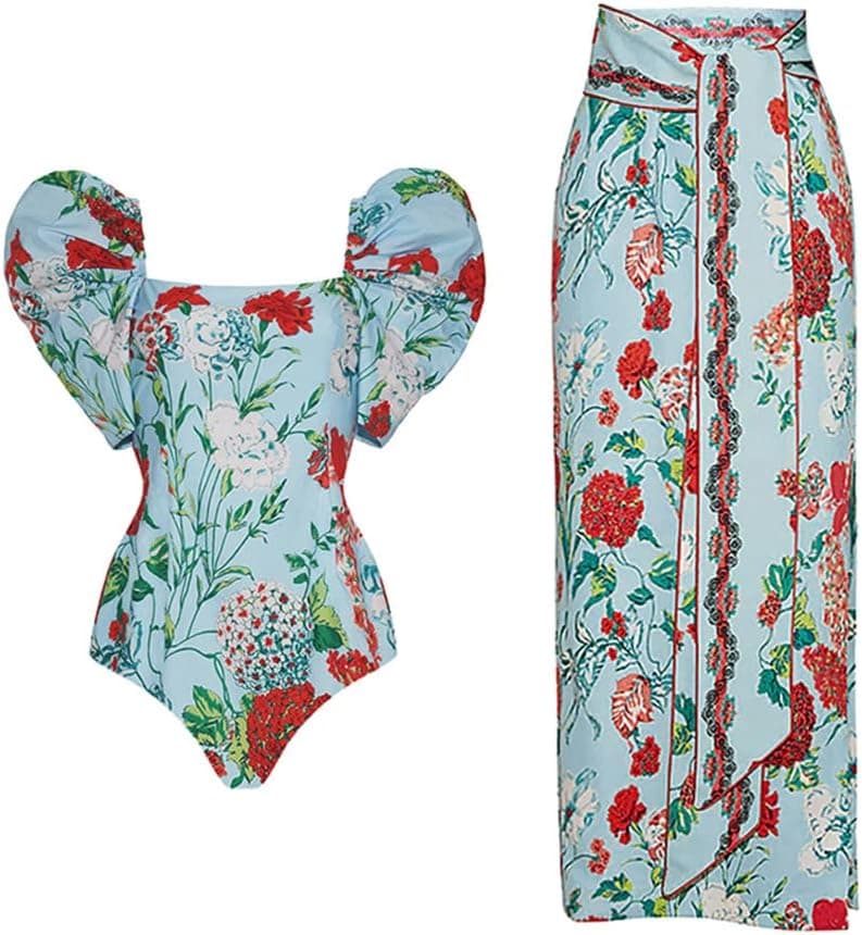 Women 2 Piece Swimsuit Monokini with Cover Ups Ruffles Tropical Bikini Set Summer Holiday Bathing Suits