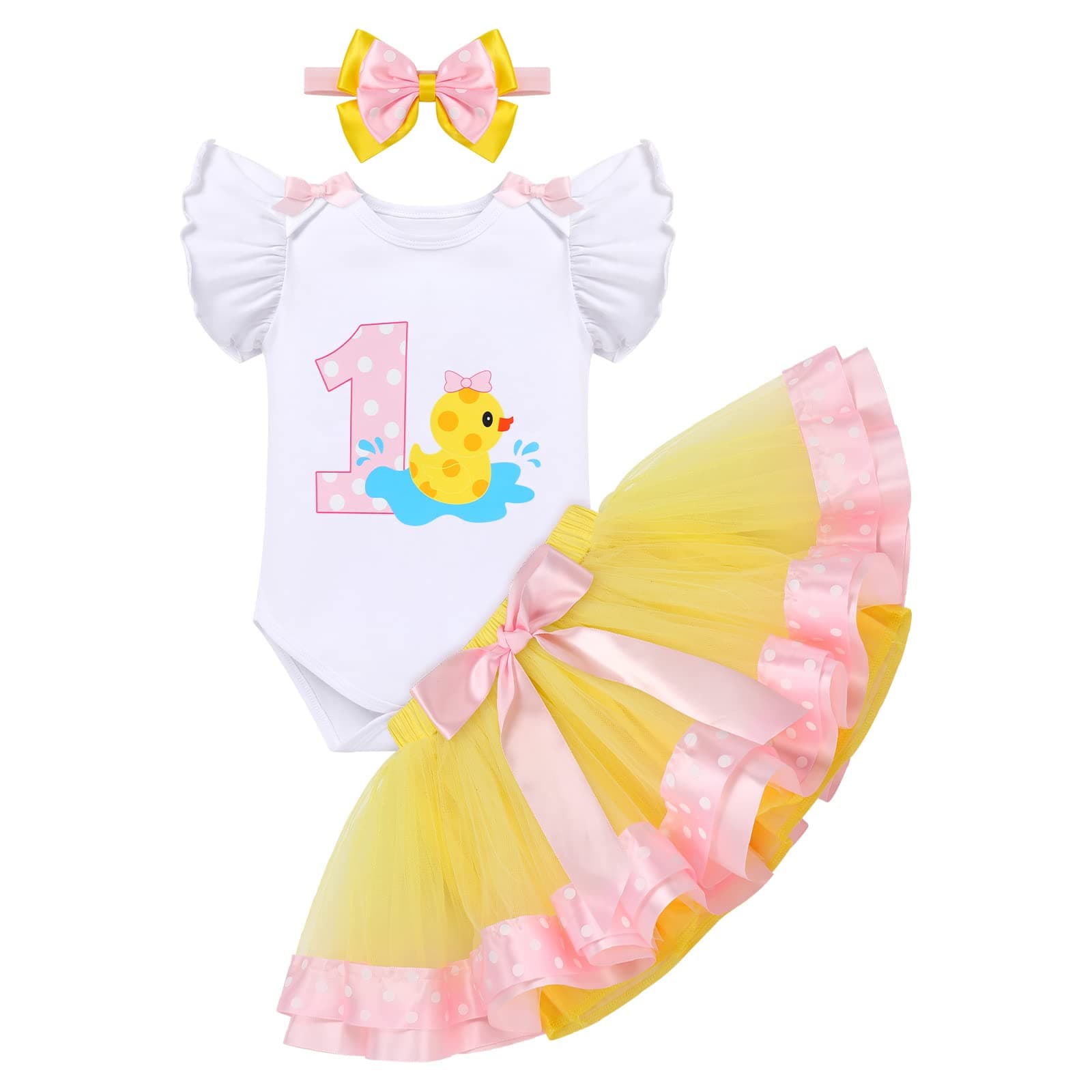 IMEKIS Baby Girl 1st Birthday Outfit with Romper Tutu Skirt Headband