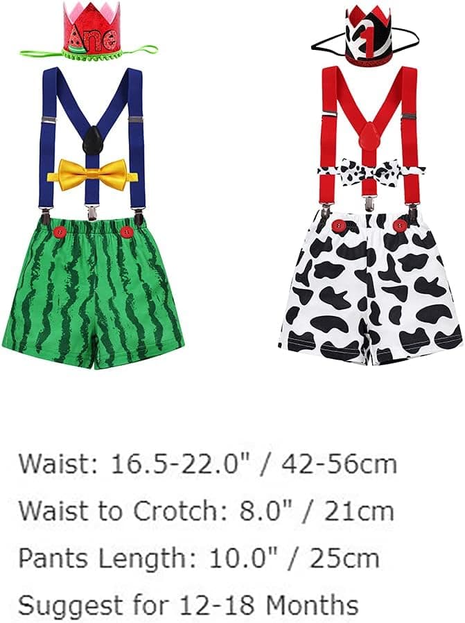 Baby Boy Farm Cow 1st Birthday Outfit Cake Smash Animals Print Shorts + Suspenders + Headband + Bowtie for Photo Shoot